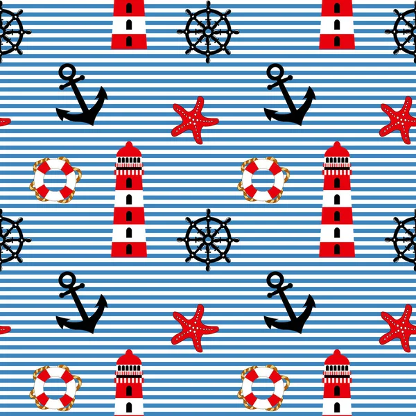Nautical seamless pattern, anchor, lighthouse, lifebuoy, starfish and rudder on a striped background. Background, print, textile, wallpaper