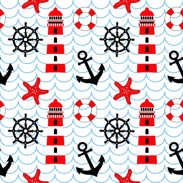 Nautical Seamless Pattern Anchor Lighthouse Lifebuoy Starfish Rudder Background Waves — Stock Vector