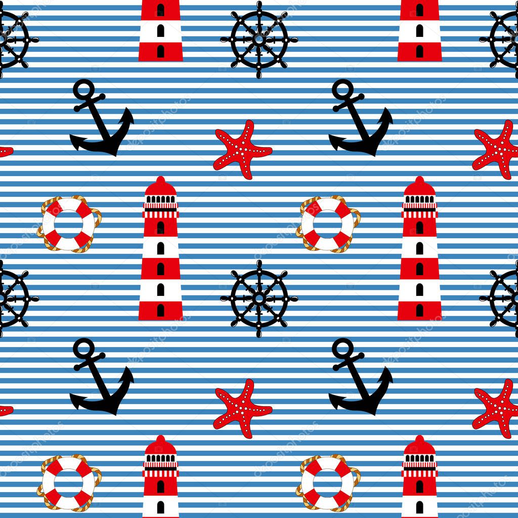 Nautical seamless pattern, anchor, lighthouse, lifebuoy, starfish and rudder on a striped background. Background, print, textile, wallpaper