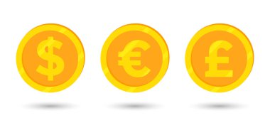 Altın sikkeler dolar, avro ve sterlin. Simgeler, finansal konsept, vektör