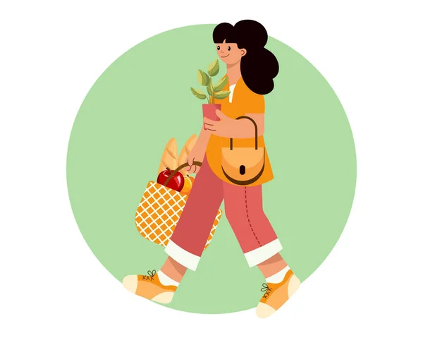 Young Happy Woman Potted Plant Grocery Bag Shopping Concept Flat — Stock Vector