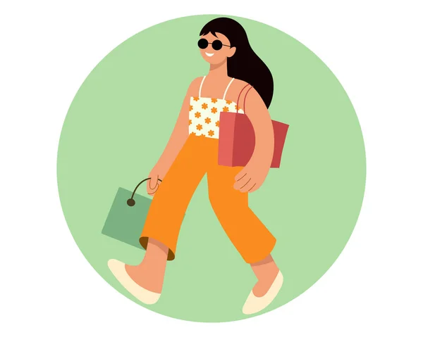 Young Happy Woman Shopping Bags Shopping Concept Flat Illustration Clip — Stock Vector