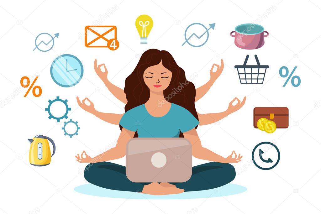 Multitasking concept, woman in yoga pose with laptop, six hands and various icons. The concept of mental and emotional balance. Illustration, vector