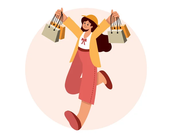 Νεαρή Ευτυχισμένη Γυναίκα Τσάντες Για Ψώνια Σχέδιο Αγορών Εικόνα Επίπεδου — Διανυσματικό Αρχείο