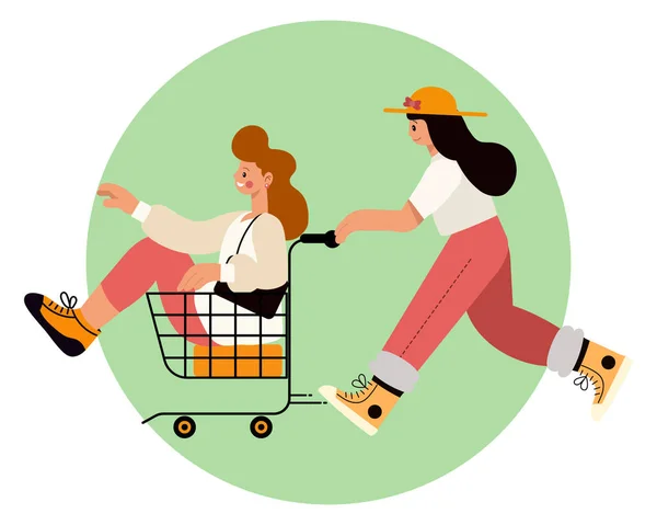 Young Happy Women Supermarket Woman Pushes Her Friend Shopping Cart — Stock Vector