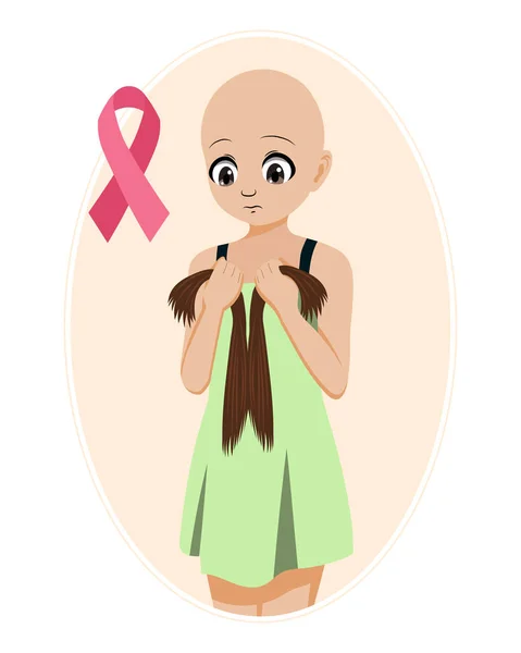 Nettes Glatzköpfiges Mädchen Mit Krebs Das Ihre Haare Hält Illustration — Stockvektor