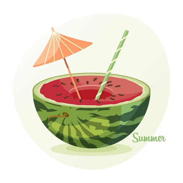 Fruit Cocktail Half Watermelon Straw Cocktail Umbrella Gentle Background Summer — Stock Vector