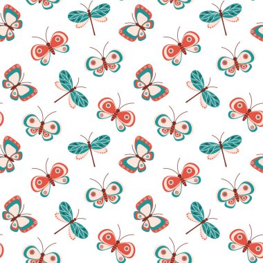 Kusursuz desen, sevimli yusufçuklar ve pastel renkli kelebekler beyaz arka planda karalama yapıyorlar. Yazdırma, tekstil, arkaplan, duvar kağıdı.