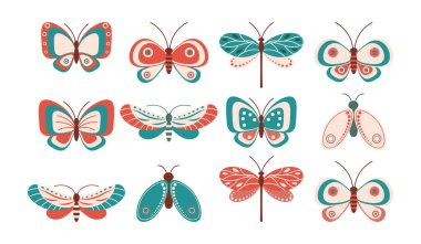 Yusufçuk kelebekleri ve pastel renkli güveler beyaz arka planda karalama yapar. Yazdırma, dekor ögeleri, simgeler.