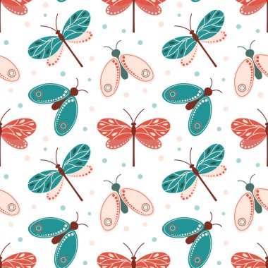 Kusursuz desen, sevimli yusufçuklar ve pastel renkli güveler beyaz arka planda karalama yapıyorlar. Yazdırma, tekstil, arkaplan, duvar kağıdı.