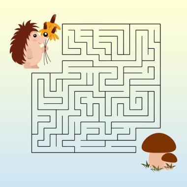 Çocuklar için eğitim labirenti, çiçek ve mantarlı tatlı kirpi. Anaokulu eğitimi kavramı. Resim, baskı, vektör