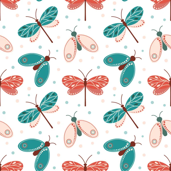Nahtloses Muster Niedliche Libellen Und Motten Pastellfarben Kritzeln Auf Weißem — Stockvektor