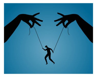 İnsan manipülasyonu. Eller ve ipli bir adam. Ailede ve işte psikolojik şiddet kavramı. Poster, vektör