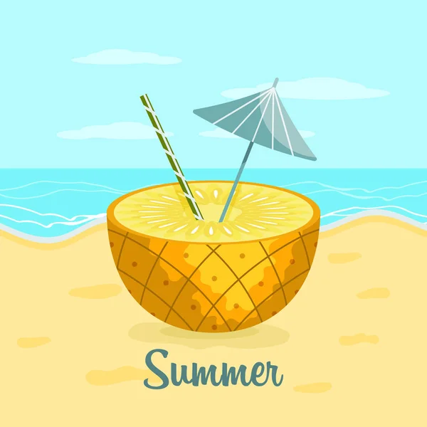 Fruchterfrischender Cocktail Ananashälfte Stroh Und Cocktailschirm Meeresufer Sommer Illustration Clip — Stockvektor