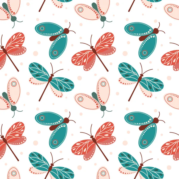 Kusursuz desen, sevimli yusufçuklar ve pastel renkli güveler beyaz arka planda karalama yapıyorlar. Yazdırma, tekstil, arkaplan, duvar kağıdı.