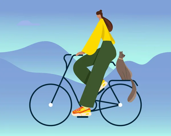Concept Mode Vie Sain Jeune Femme Avec Chat Sur Vélo — Image vectorielle