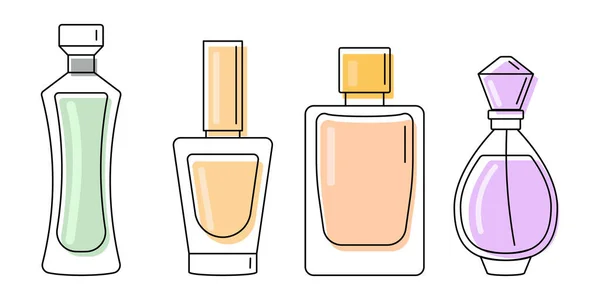 Set Perfume Eau Toilette Bottles Black Outline Pastel Color Splashes — Stock Vector