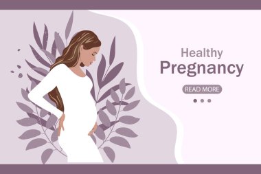 Geçmişinde yaprakları olan hamile bir kadın ve sağlıklı hamilelik mesajı. Web kaynağı, illüstrasyon, vektör