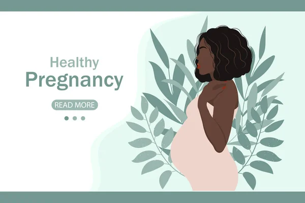 Młoda Ciężarna Kobieta Tle Liśćmi Tekst Zdrowa Ciąża Zasoby Sieci — Wektor stockowy