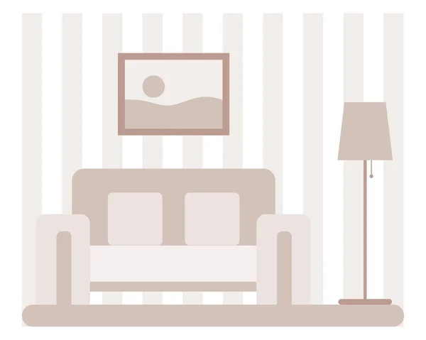 Wohnzimmereinrichtung Mit Sofa Stehlampe Und Gerahmtem Bild Der Wand Beige — Stockvektor