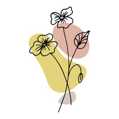 Karalama tarzında el çizimi çiçek, soyut renk lekeleriyle siyah çizgiler. Çizgi sanatı, minimal tasarım çizimi, dekor ögesi