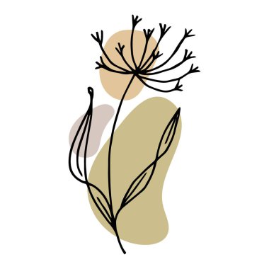 Karalama tarzında el çizimi çiçek, soyut renk lekeleriyle siyah çizgiler. Çizgi sanatı, minimal tasarım çizimi, dekor ögesi