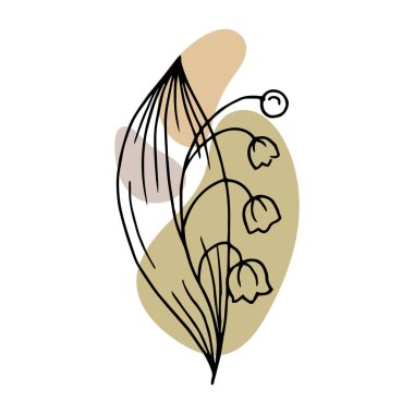 Karalama tarzında el çizimi çiçek, soyut renk lekeleriyle siyah çizgiler. Çizgi sanatı, minimal tasarım çizimi, dekor ögesi