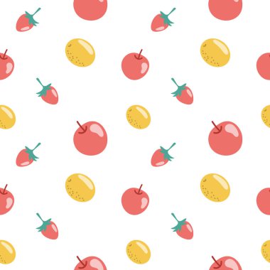 Kusursuz desenli, limonlu, elmalı ve çilekli beyaz bir arka planda. Yazdırma, meyve arkaplanı, tekstil, duvar kağıdı