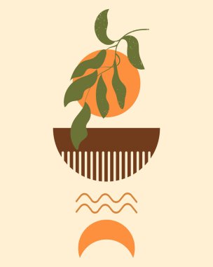 Boho tarzı poster, yaprak dalı, güneş, ay ve ışık arka planında soyut şekiller. Klasik sanat, baskı, illüstrasyon, vektör