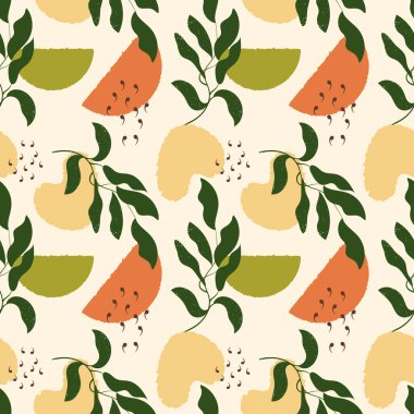 Boho stilinde kusursuz desen, güneşin ve ayın soyut yarıları ve yapraklı dallar. Eski doku, baskı, arkaplan, tekstil