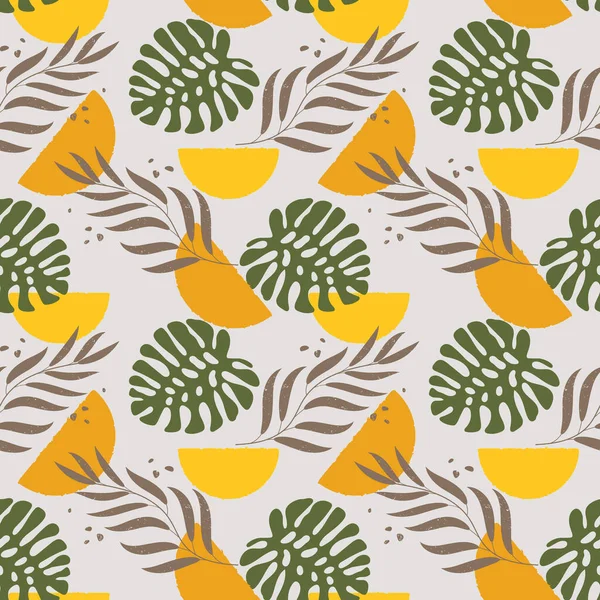 Boho style seamless pattern, sun and moon halves and tropical leaves. Vintage texture, print, background, textile