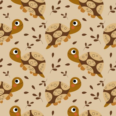 Kusursuz desenli, sevimli kaplumbağalar ve bej arka planda yapraklar. Çocuk baskısı, tekstil, arkaplan, duvar kağıdı