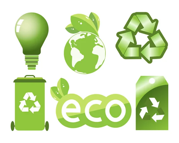 Zielony Zestaw Ikon Ekologicznych Lampa Elektryczna Znak Recyklingu Planeta Liśćmi — Wektor stockowy