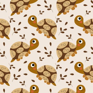Kusursuz desenli, sevimli kaplumbağalar ve bej arka planda yapraklar. Çocuk baskısı, tekstil, arkaplan, duvar kağıdı