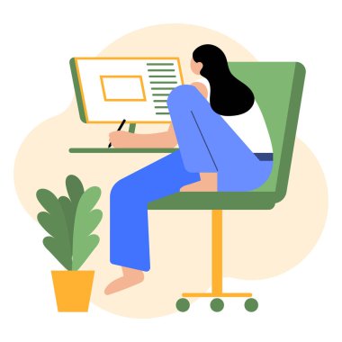 Koltuğunda bilgisayarı ve saksıda bitkisi olan genç bir kadın. Çevrimiçi iş konsepti, ev ofisi. Görüntü, vektör