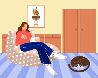 Ev içinde dizüstü bilgisayarı koltukta ve kedisi olan genç bir kadın. İnternet işi konsepti, ev ofisi. Görüntü, vektör