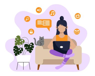 Dizüstü bilgisayarı olan genç bir kadın, kedi ve saksıda bitki. Çevrimiçi iş konsepti, ev ofisi. Görüntü, vektör