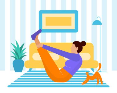 Genç bir kadın spor yapıyor, bir kediyle sıcak bir evde yoga yapıyor. Yaşam tarzı. Görüntü, vektör