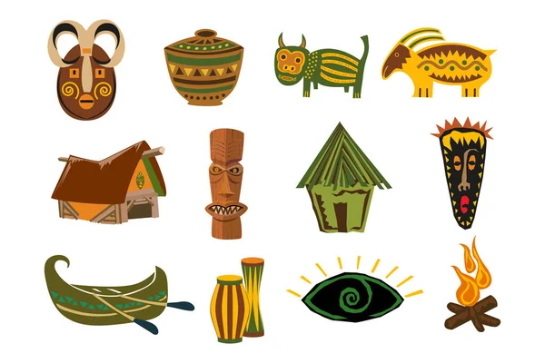 Een Set Van Huishoudelijke Artikelen Van Afrikaanse Stammen Mystieke Maskers — Stockvector
