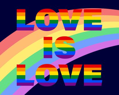 LGBT bayrak renklerinin renkli gökkuşağı ve metin aşk mavi arkaplandaki aşktır. Poster, pankart, LGBT arkaplan, vektör