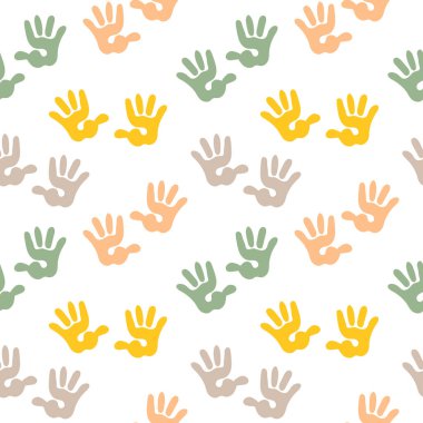 Kusursuz desenler, beyaz arka planda pastel renkli çocukların şirin parmak izleri. Yazdırma, arkaplan, tekstil, duvar kağıdı, vektör
