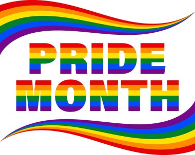 LGBT bayrak renklerinin dikey renkli gökkuşağı pankartı ve Gurur Ayı metni. Poster, pankart, LGBT arkaplan, vektör