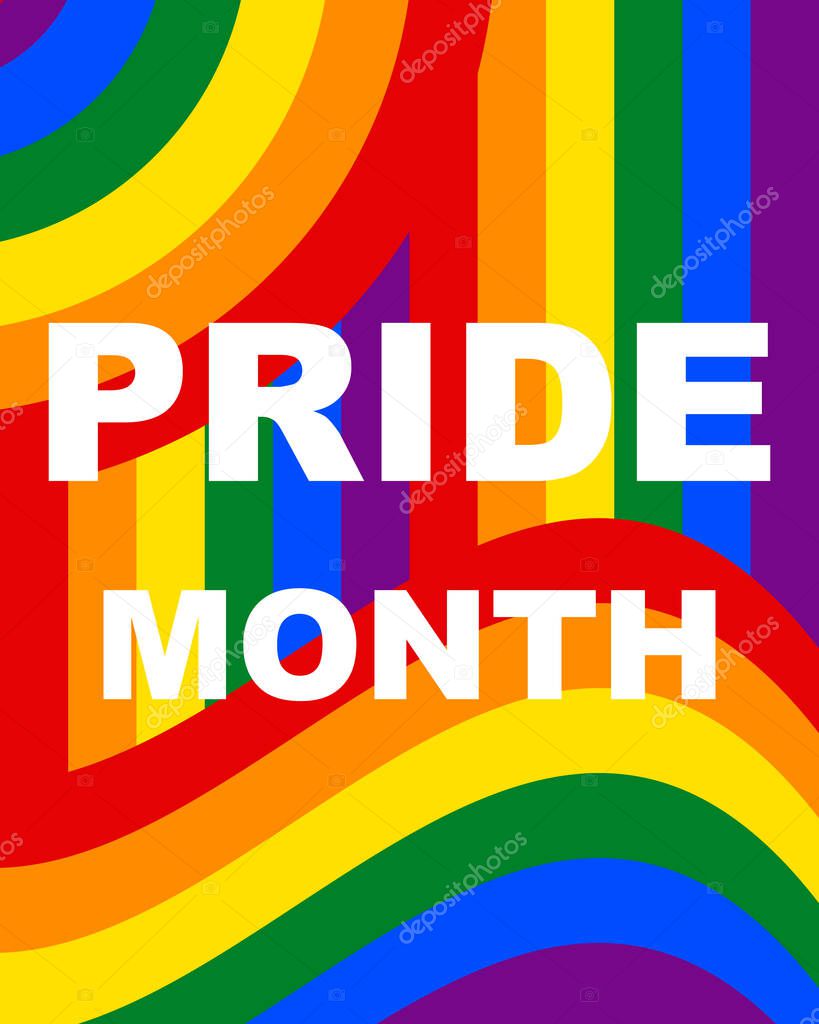 Vertical colorful rainbow banner of LGBT flag colors and text Pride Month. Poster, banner, LGBT background, vector