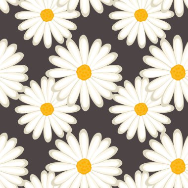 Kusursuz desenli, kahverengi arka planda büyük beyaz papatya çiçekleri. Yazdırma, arkaplan, duvar kağıdı, vektör