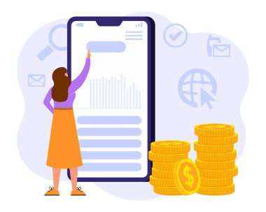 Bir kadın terazili, grafikli ve bozuk paralı büyük bir akıllı telefonu işaret eder. Başarılı iş ve finans kavramı. Görüntü, vektör