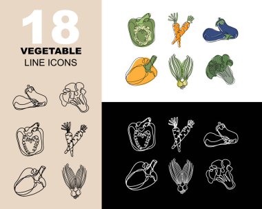 Büyük sebze ikonları, siyah çizgi, beyaz çizgi ikonları ve renkli ikonlar. Şablonlar, yazdırma, vektör