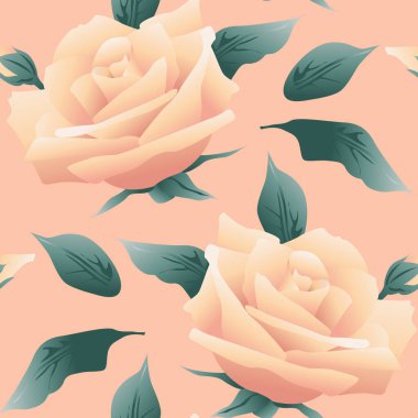 Kusursuz desenli, pembe-sarı güller ve pembe arka planda yapraklar. Çiçek baskısı, arkaplan, duvar kağıdı, tekstil, vektör
