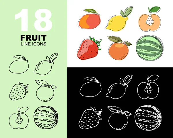 Big Set Fruit Icons Black Line White Line Icons Colored — Stock vektor
