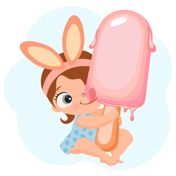 棒の上に大きなアイスクリームとかわいい女の子 赤ん坊はアイスクリームを舐める 漫画のキャラクター 夏のイラスト ベクトル — ストックベクタ