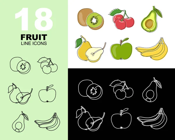 Big Set Fruit Icons Black Line White Line Icons Colored — Stock vektor